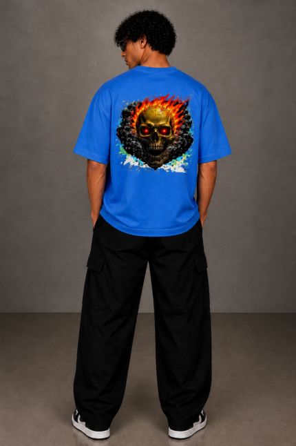 Billu Wala Blue Oversized Skull Graphic T-Shirt – Premium 210 GSM Cotton Streetwear