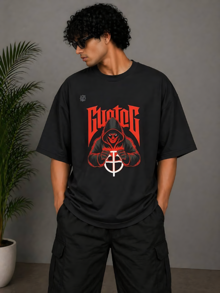 Billu Wala Ghost G Premium Oversized T-Shirt - Bold Red Graphic on Luxury 220 GSM Black Cotton