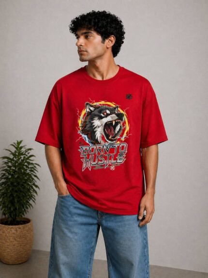 Imran Brand Born To Hustle Wolf Graphic Red Oversized T-Shirt | Bold Streetwear Statement