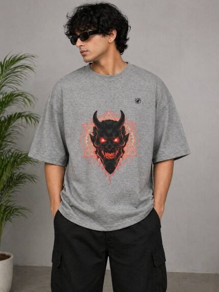 Oversized Grey Graphic T-Shirt – Devil Face Print | Premium Streetwear | 210 GSM Cotton | Billu Wala