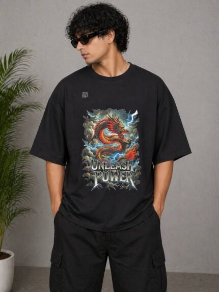 Billu Wala Unleash Power Oversized T-Shirt for Men | 220 GSM Premium Cotton | Dragon Graphic Printed Black Tee