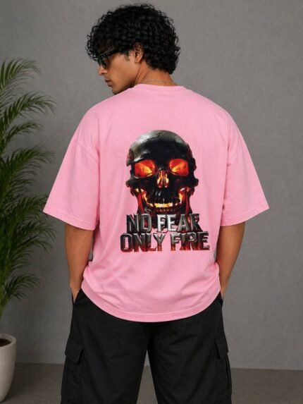 Billu Wala Oversized Pink Graphic T-Shirt – “No Fear Only Fire” Skull Print | Premium Streetwear Cotton Tee