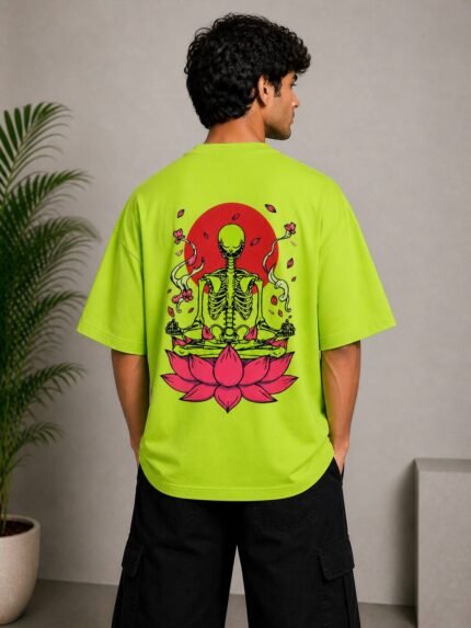 Billu Wala Premium Graphic Oversized T-Shirt – Meditating Skeleton on Lotus Design