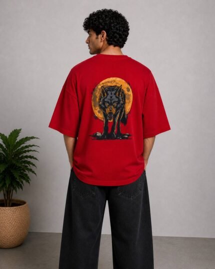 Billuwala Red Graphic Oversized T-Shirt – 220 GSM Premium Cotton – Wolf Design