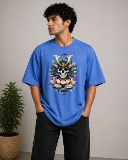 Billu Wala Samurai Skull Graphic Oversized T-Shirt - Blue