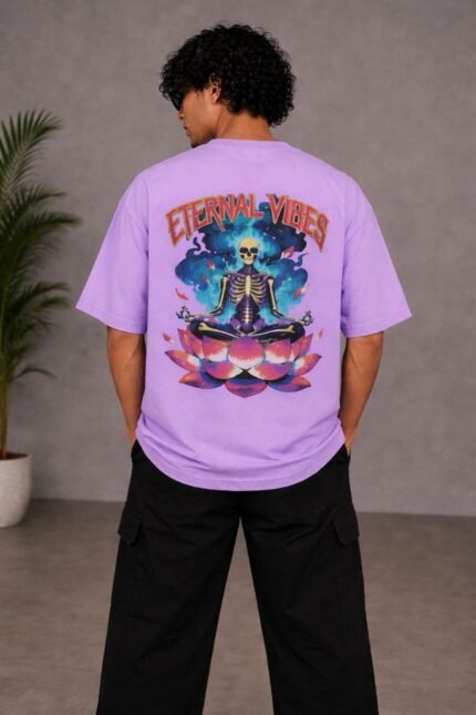 Cosmic Lotus Skeleton T-Shirt – Vibrant Purple Meditation Design – Premium 220 GSM